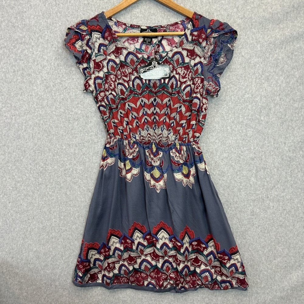 Angie Small Mini Dress Gray Red Boho Mandala Open Back Boho Hippie Cottage NWT